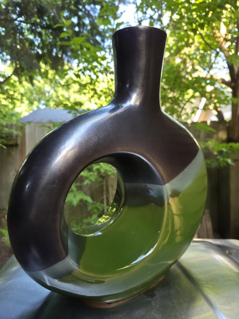 Pier 1 Two-Tone Green and Charcoal Ceramic Hole Vase
